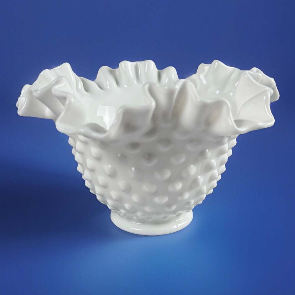Fenton Vintage 1960's MCM Hobnail Milk Glass Double Crimped Ruffled Edge Vase